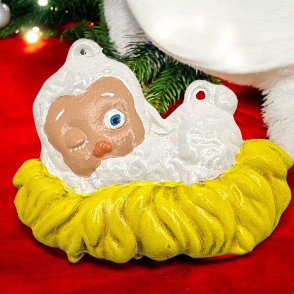 Vintage Baby Winking Lamb Christmas Tree Ornament Hand Painted - Picture 1 of 6